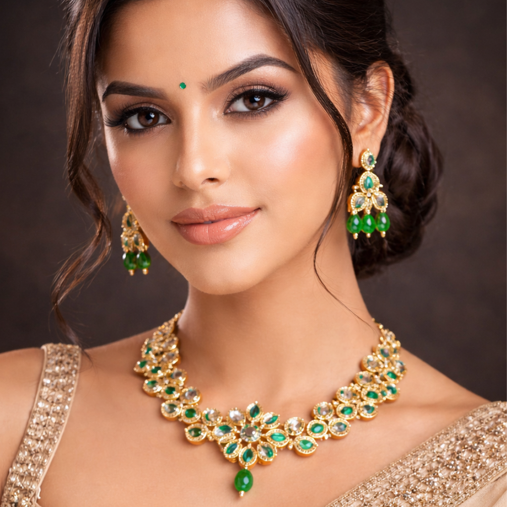 Emerald Blossom Kundan Necklace Set